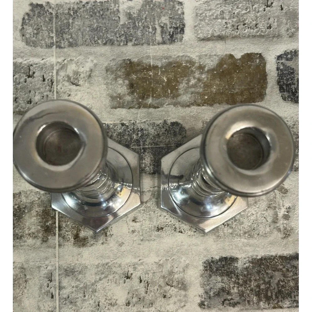 Vintage Chunky Barley Twist Aluminum Candlestick Pair Heavy Taper Holders 9”
